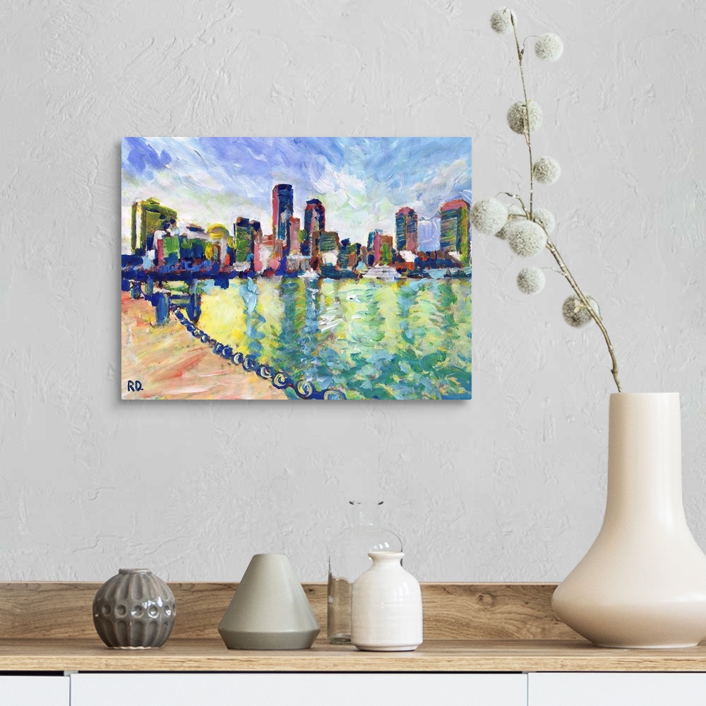 A farmhouse room featuring Boston Massachusetts, Boston Harbor and Bay painting by RD Riccoboni with the Skyline of New Engl...