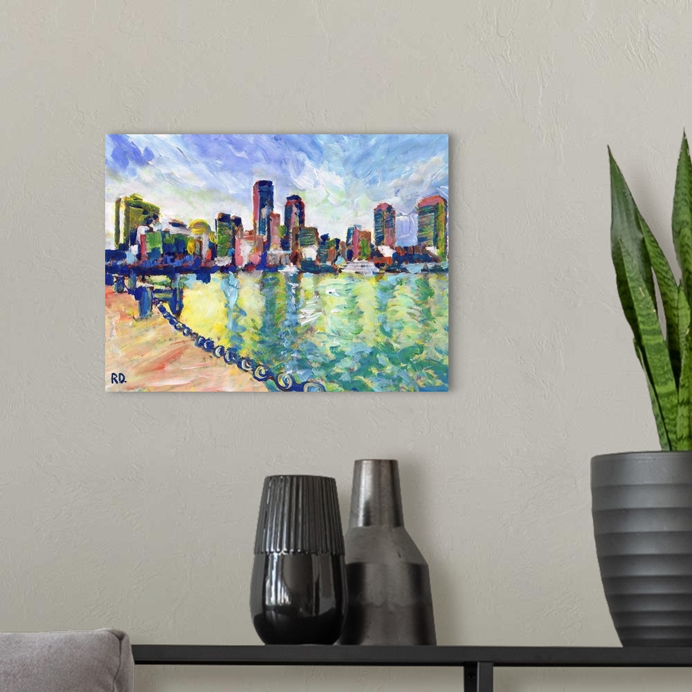 A modern room featuring Boston Massachusetts, Boston Harbor and Bay painting by RD Riccoboni with the Skyline of New Engl...