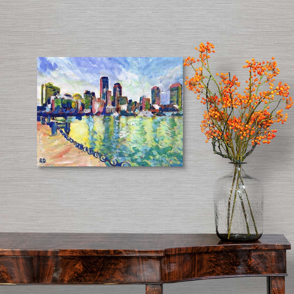 A traditional room featuring Boston Massachusetts, Boston Harbor and Bay painting by RD Riccoboni with the Skyline of New Engl...