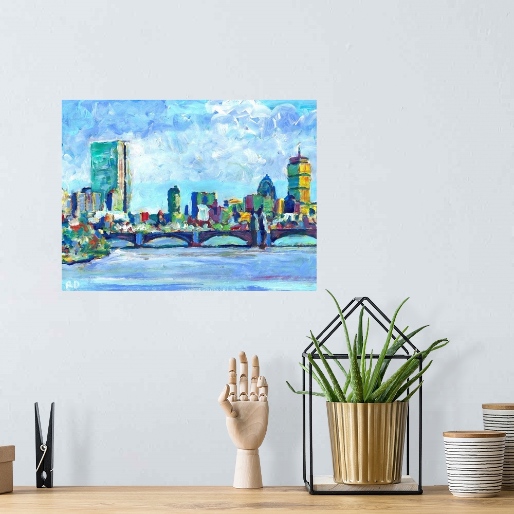 A bohemian room featuring Boston Massachusetts Charles River - Back Bay painting by RD Riccoboni of New England's largest c...