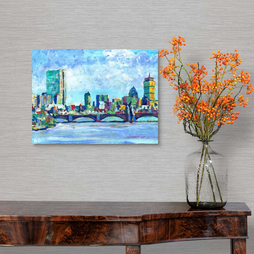 A traditional room featuring Boston Massachusetts Charles River - Back Bay painting by RD Riccoboni of New England's largest c...