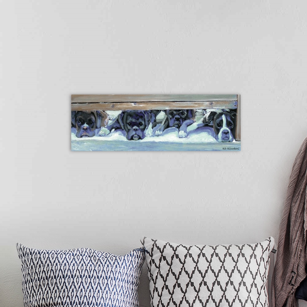 A bohemian room featuring Panoramic painting in cool tones of four boxers laying underneath a bed waiting to be called out.