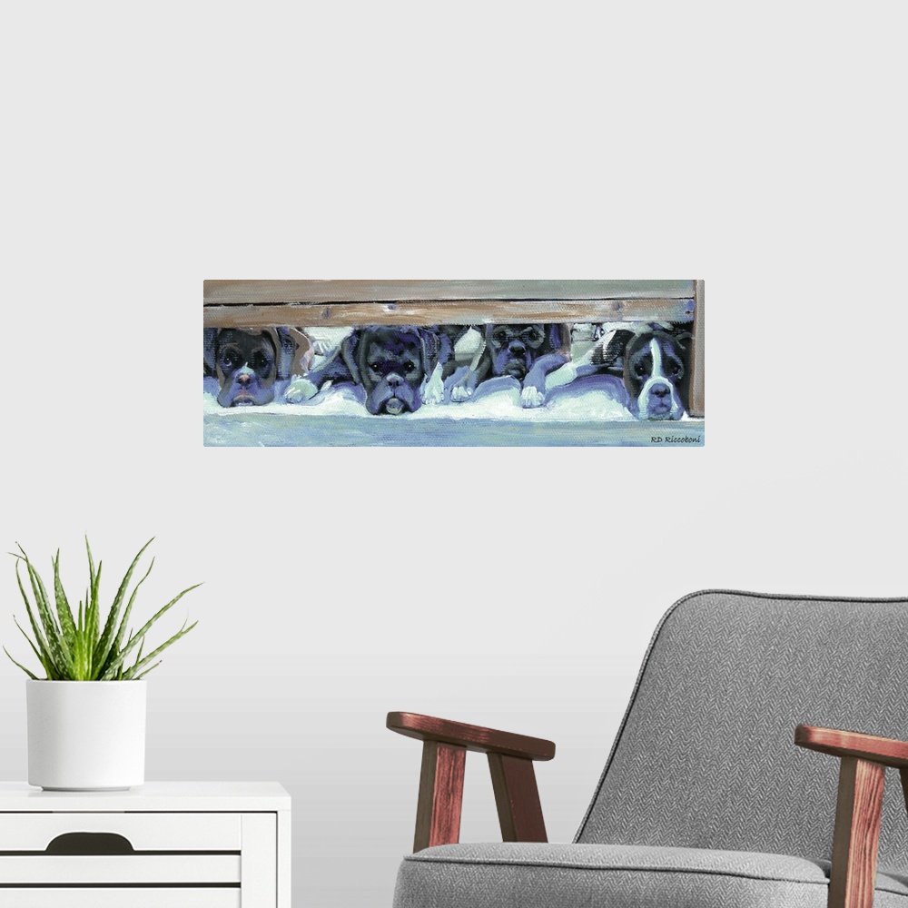 A modern room featuring Panoramic painting in cool tones of four boxers laying underneath a bed waiting to be called out.