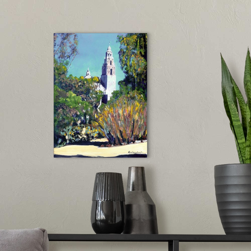A modern room featuring View of California Tower Balboa Park, acrylic painting by RD Riccoboni.  This view includes histo...