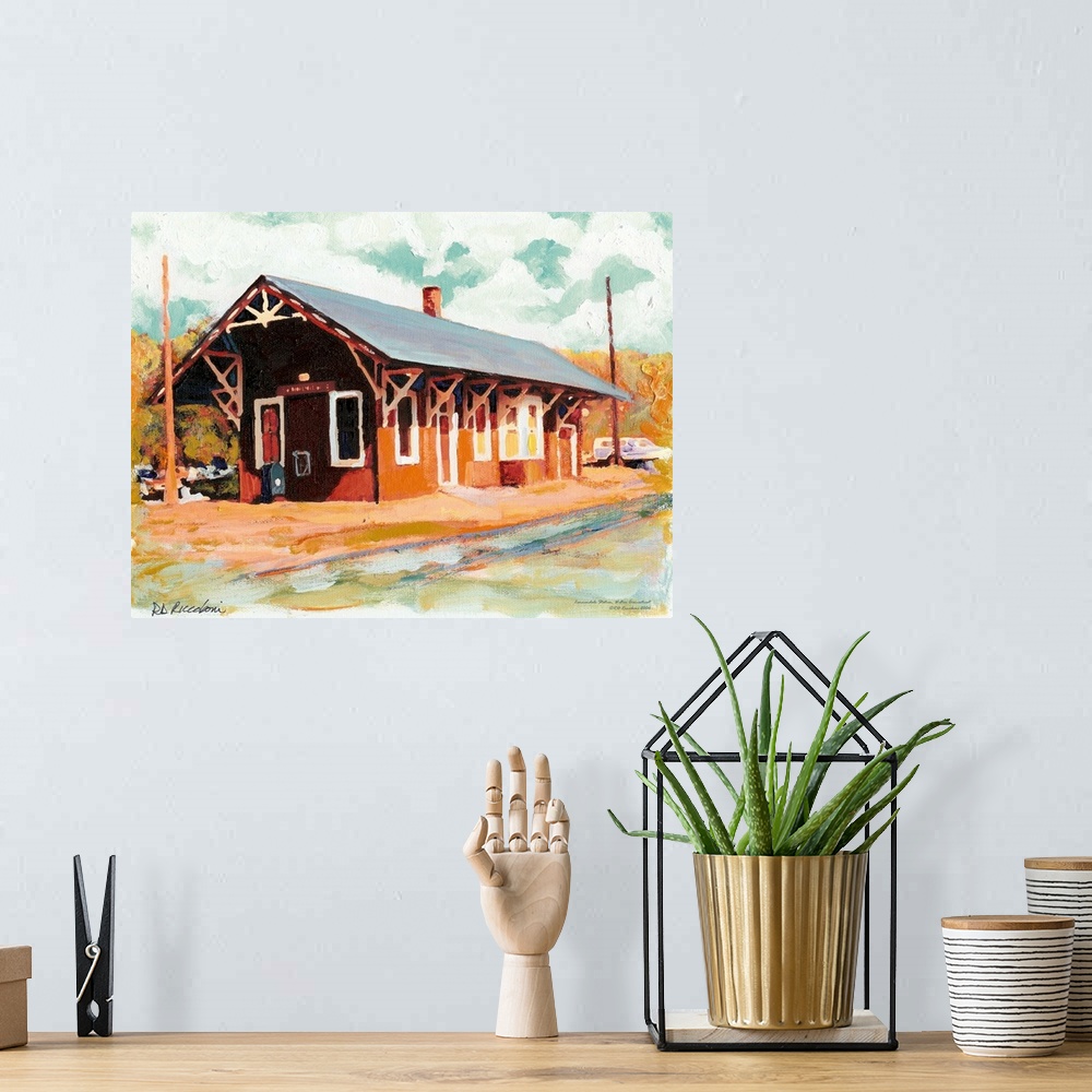 A bohemian room featuring Cannondale Crossing by Impressionist painter RD Randy Riccoboni. This New England train station i...