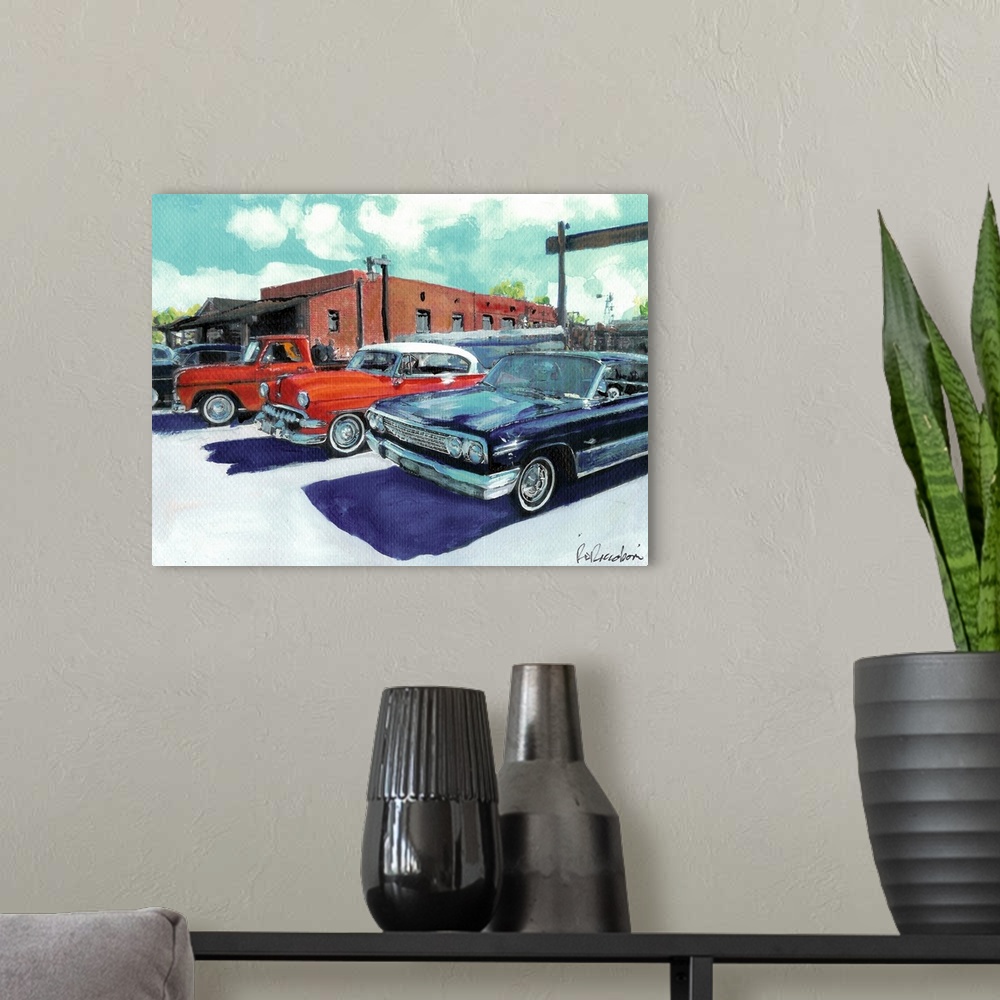 A modern room featuring Classic Cars on San Diego Avenue, painting by RD Riccoboni.