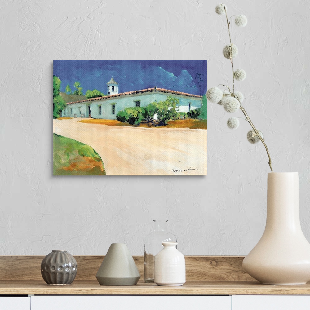A farmhouse room featuring Casa de Estudillo in Old Town San Diego painted by american artist RD Riccoboni.  Construction of...