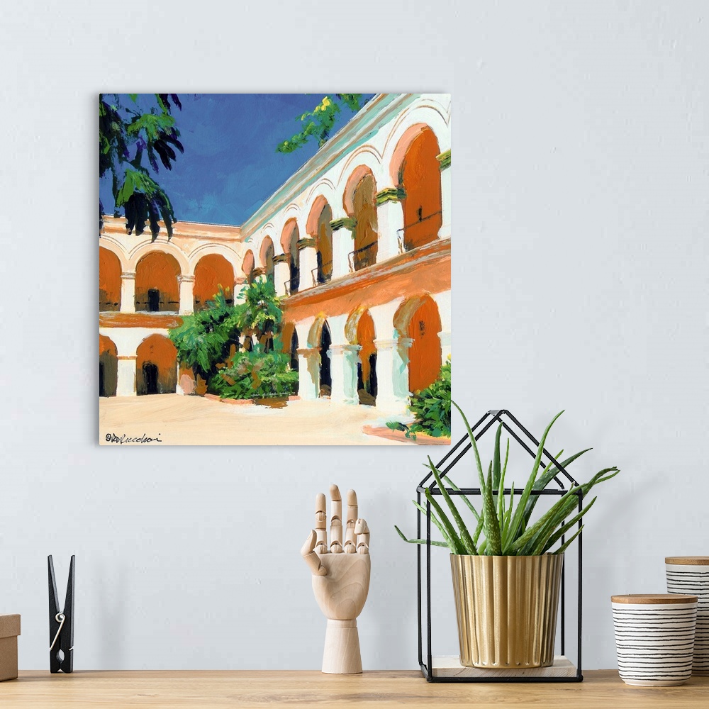 A bohemian room featuring Double Arched courtyard of Casa del Prado in San Diego, California.  A Balboa Park painting by ma...