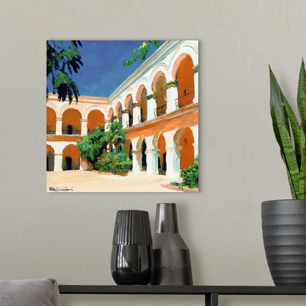 A modern room featuring Double Arched courtyard of Casa del Prado in San Diego, California.  A Balboa Park painting by ma...