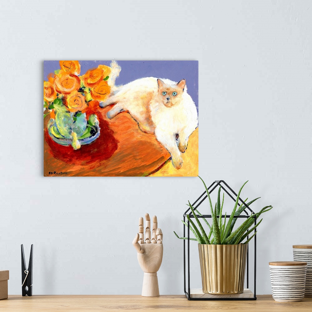 A bohemian room featuring Cat and Flowers, painting by RD Riccoboni.  This ragdoll cat lounging on a table next to a vase o...