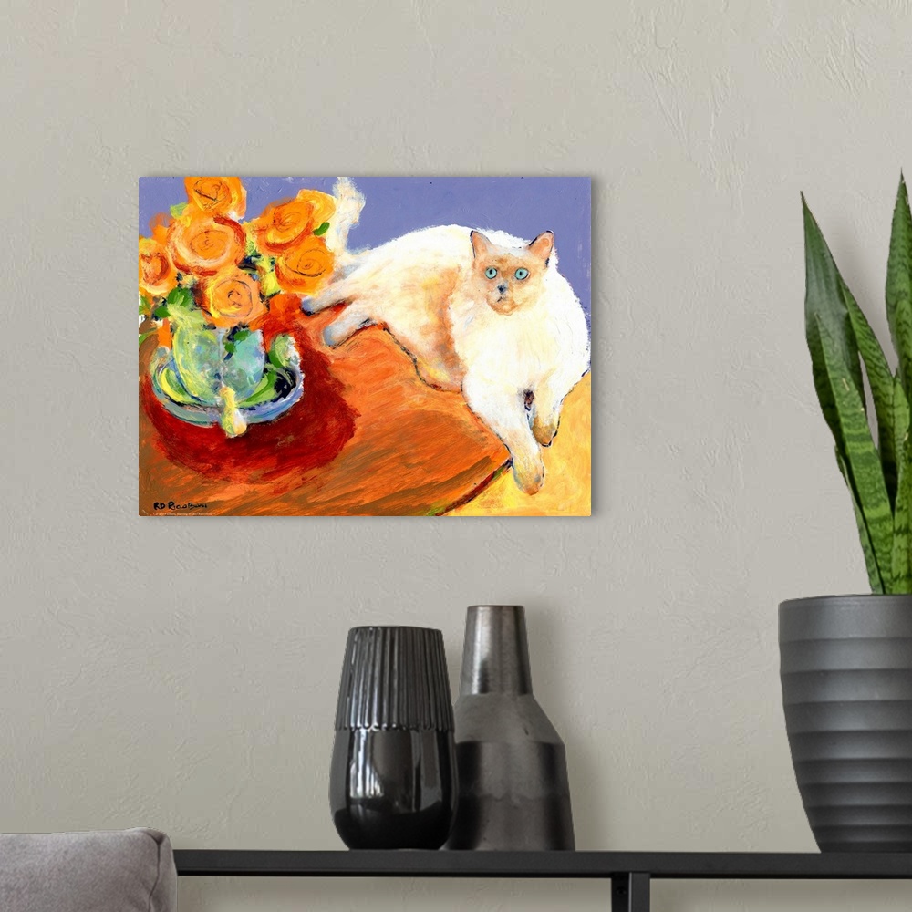 A modern room featuring Cat and Flowers, painting by RD Riccoboni.  This ragdoll cat lounging on a table next to a vase o...