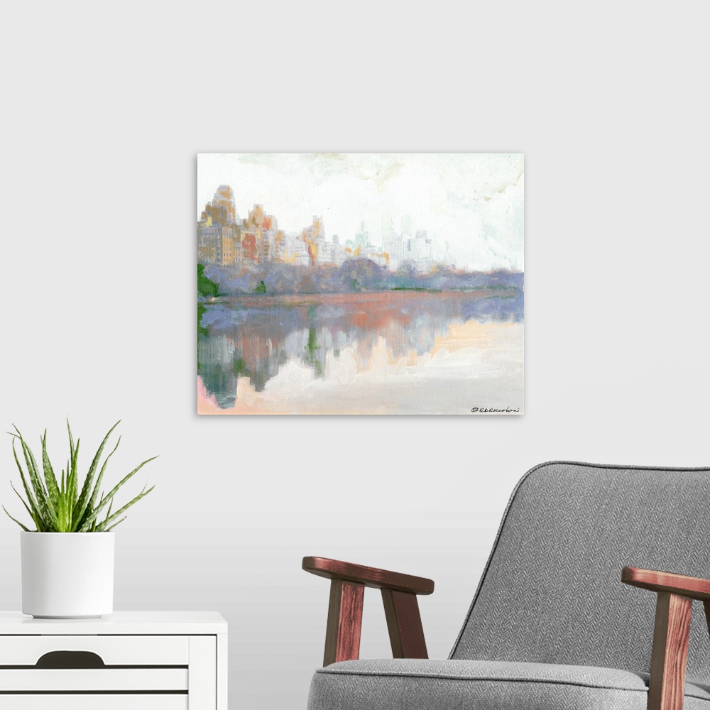 A modern room featuring Central Park, Foggy Autumn Morning in New York City by American artist RD Riccoboni.  An impressi...