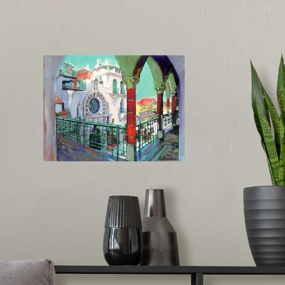 A modern room featuring Chapel Courtyard Mission Inn Riverside CA, painting by RD Riccoboni.