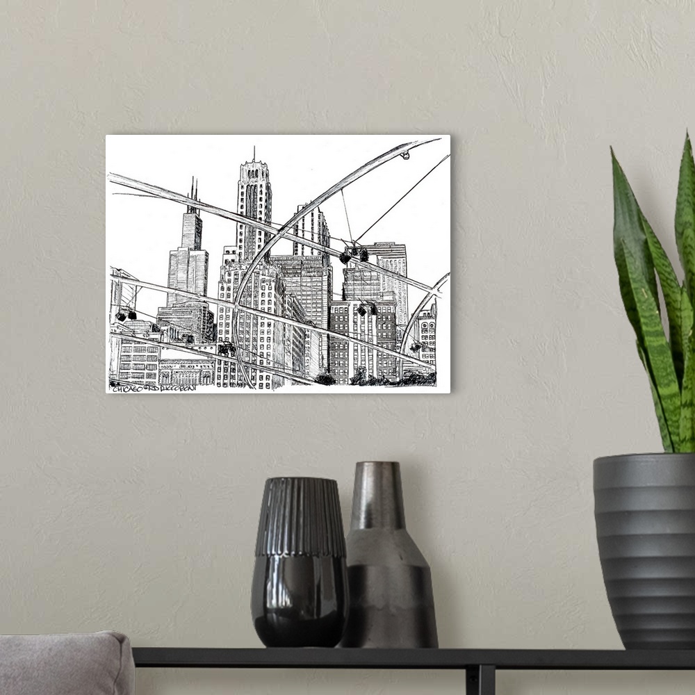 A modern room featuring "Chicago" from Millennium Park, a drawing by Randy Riccoboni.