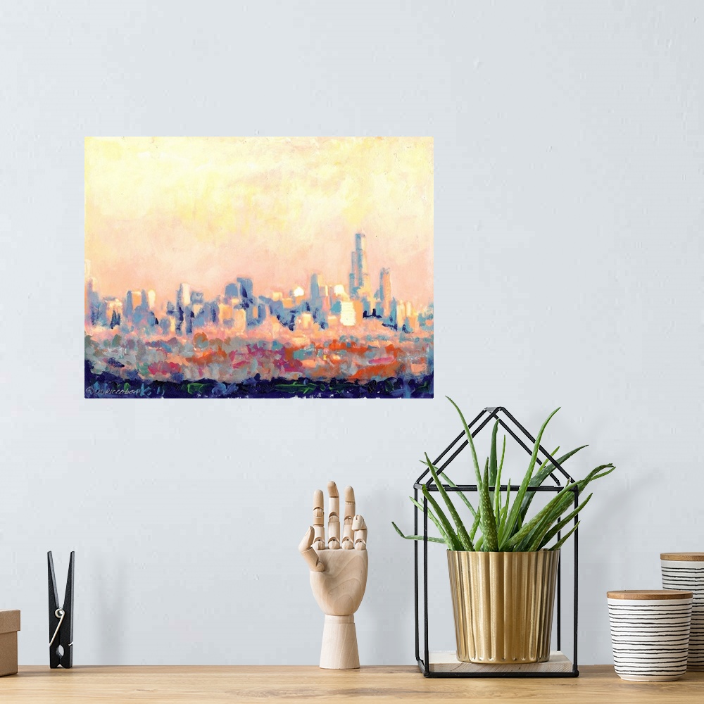 A bohemian room featuring Chicago Pink, Abstract Impressionism by RD Riccoboni.  Inspired by the view as the sun set to the...