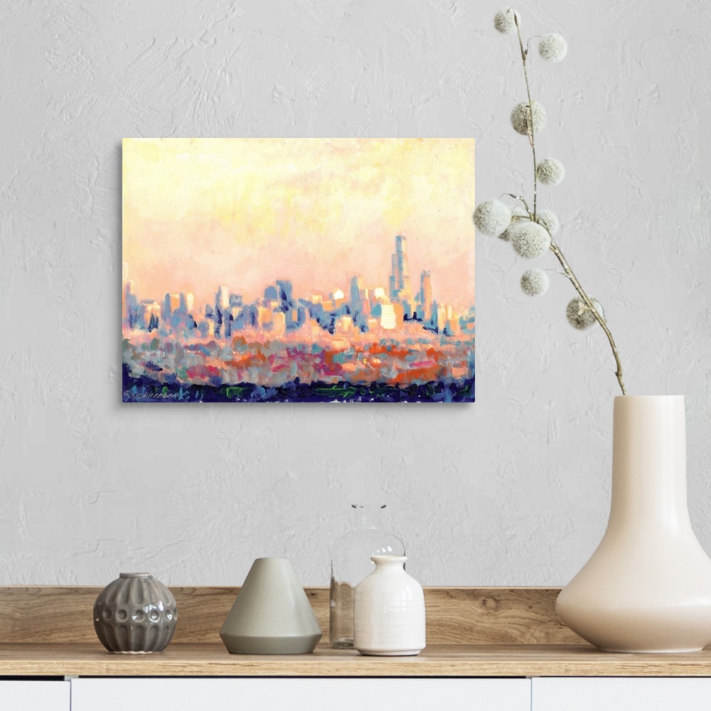 A farmhouse room featuring Chicago Pink, Abstract Impressionism by RD Riccoboni.  Inspired by the view as the sun set to the...