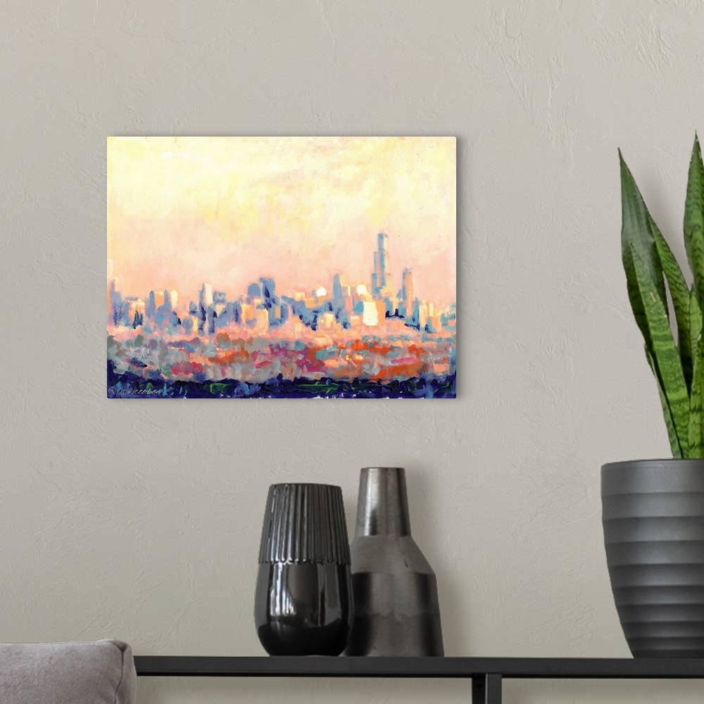 A modern room featuring Chicago Pink, Abstract Impressionism by RD Riccoboni.  Inspired by the view as the sun set to the...