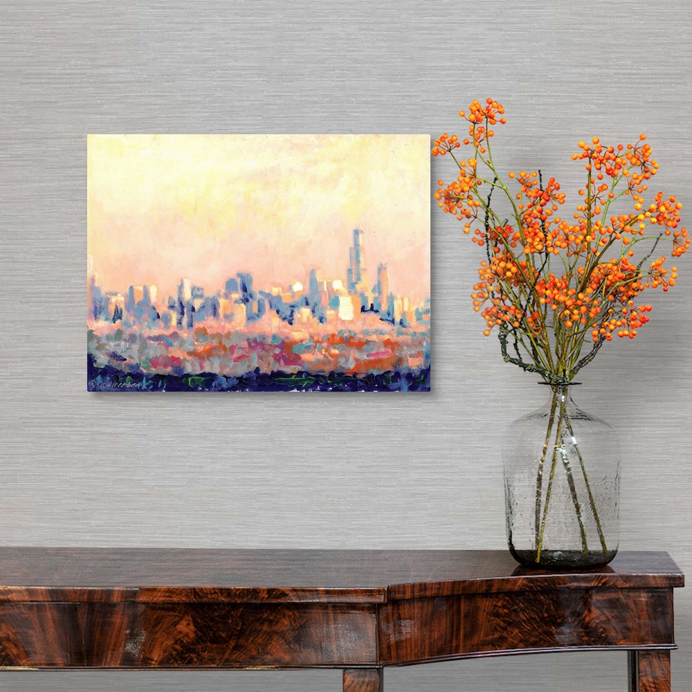 A traditional room featuring Chicago Pink, Abstract Impressionism by RD Riccoboni.  Inspired by the view as the sun set to the...