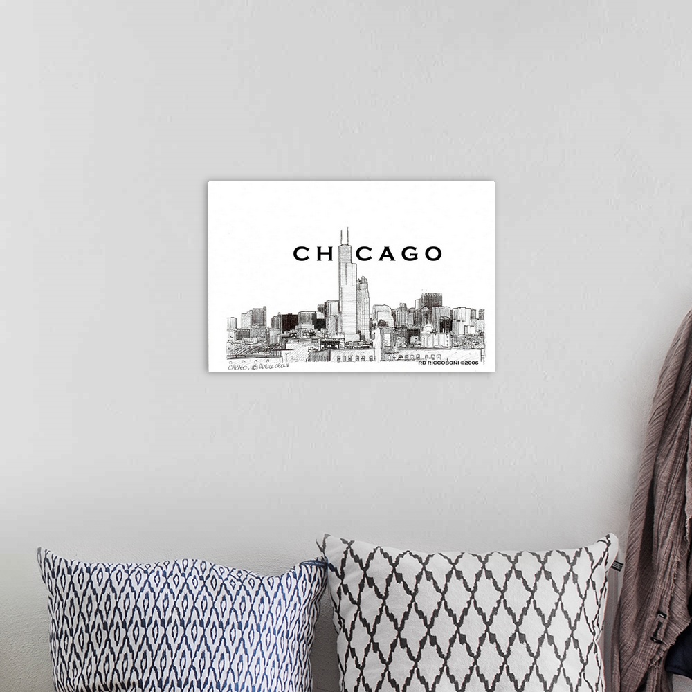 A bohemian room featuring Chicago Skyline, and Willis, Sears Tower by Randy Riccoboni. A pen and Ink drawing of the windy c...
