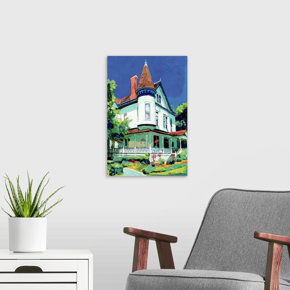 A modern room featuring Christian House, San Diego, painting by RD Riccoboni, is a Queen Anne style house. Queen Anne's a...