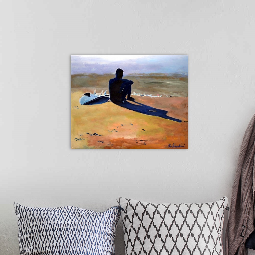A bohemian room featuring Painting of a surf board and shadow of the surfer sitting on the beach as the light reflects of t...