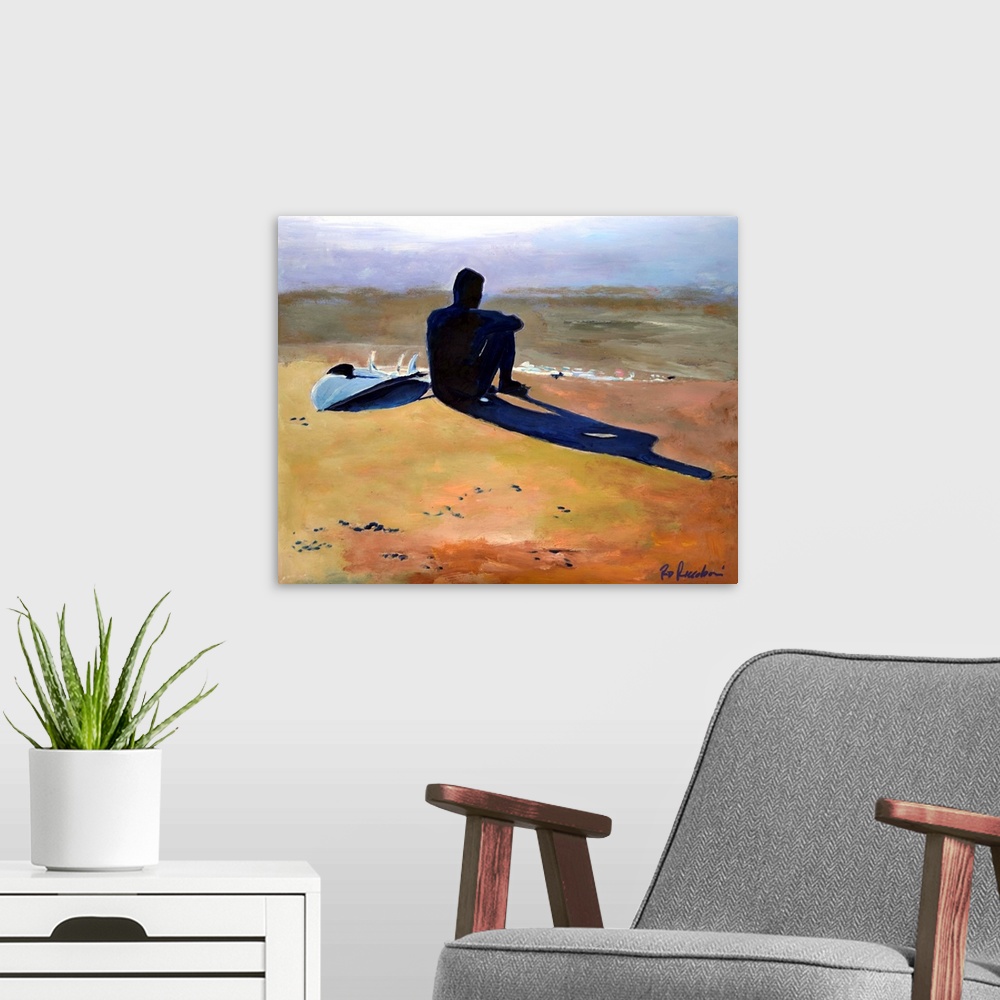 A modern room featuring Painting of a surf board and shadow of the surfer sitting on the beach as the light reflects of t...