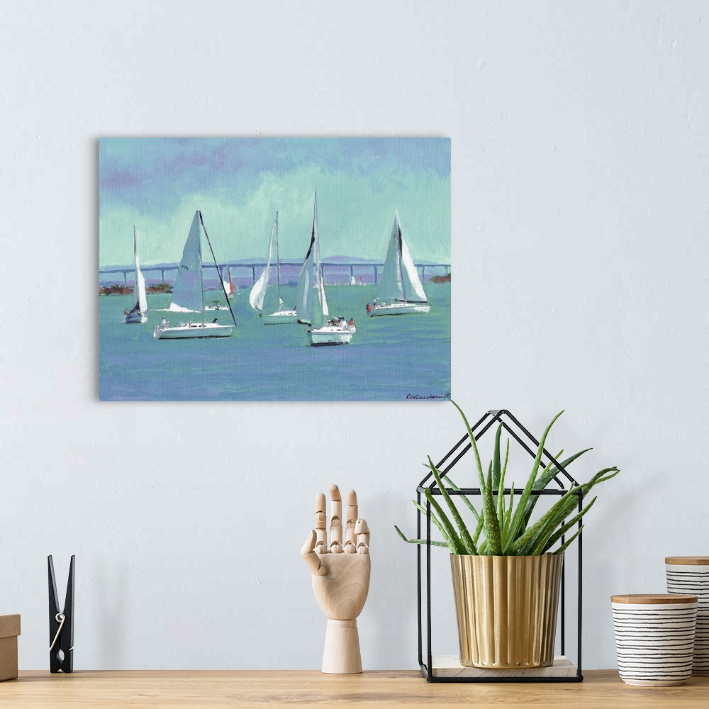 A bohemian room featuring Contemporary painting of boats sailing  by the Coronado Bridge in San Diego Bay.