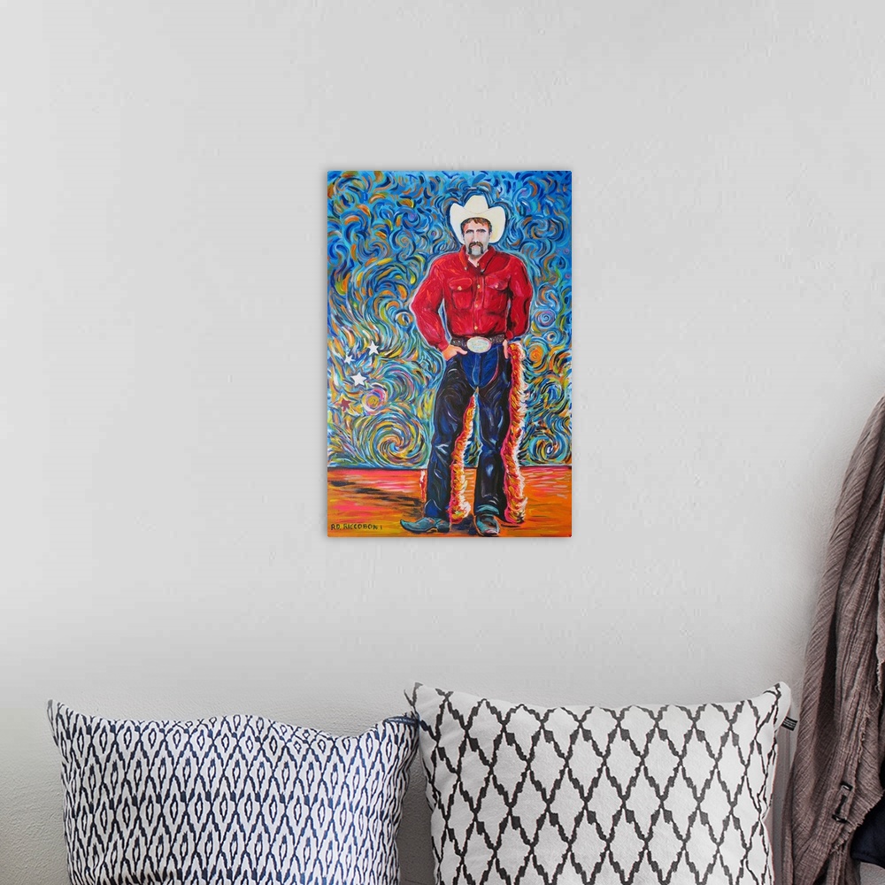A bohemian room featuring Rodeo Cowboy with Red Shirt best all around Cowboy Champ by RD Riccoboni.