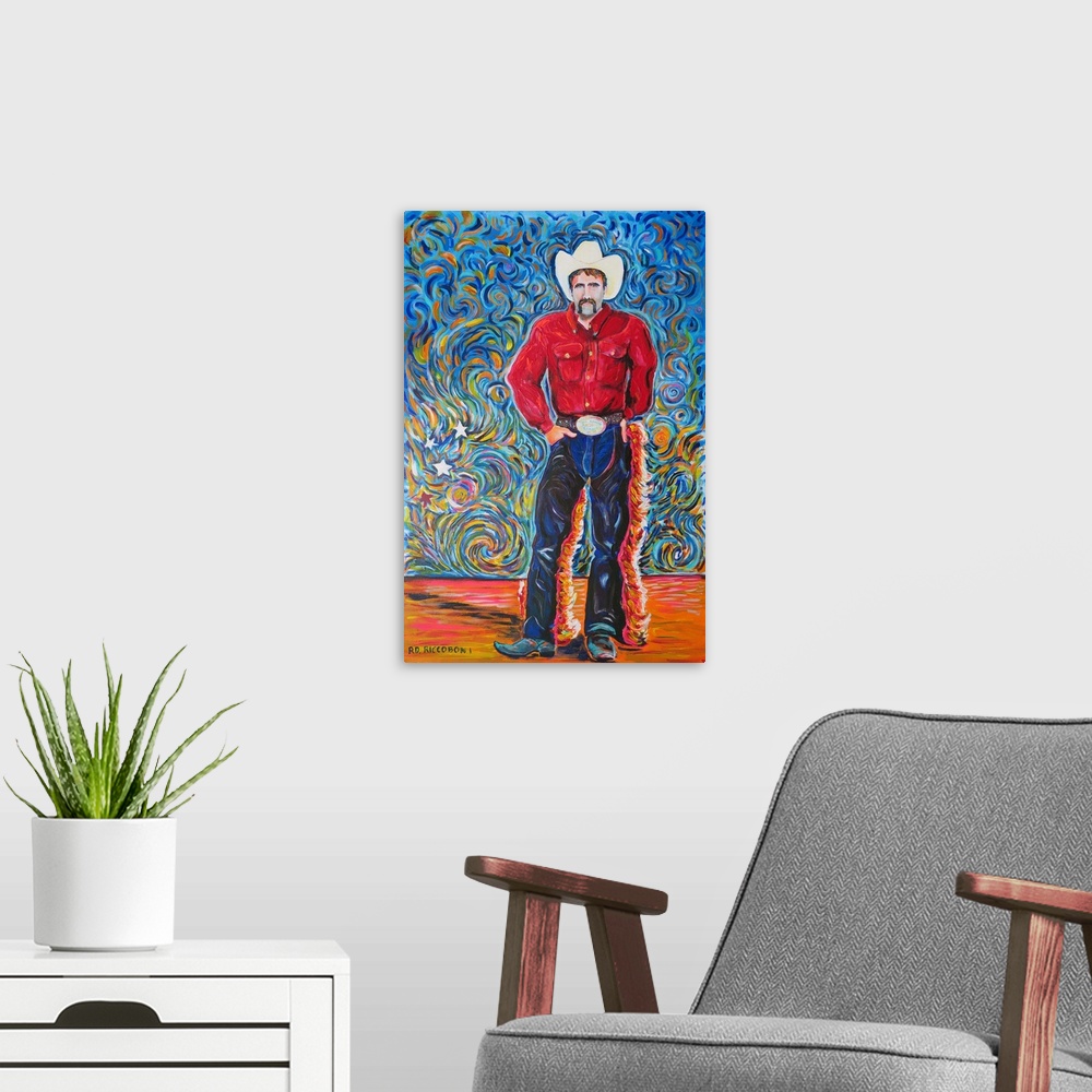A modern room featuring Rodeo Cowboy with Red Shirt best all around Cowboy Champ by RD Riccoboni.