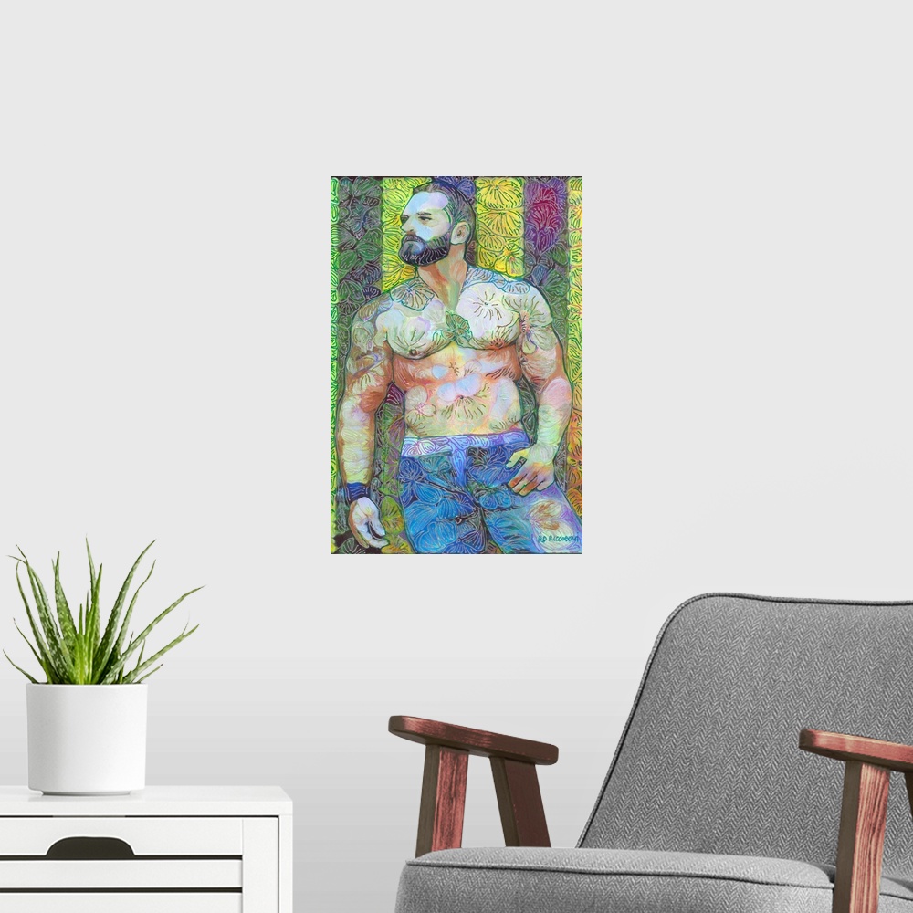 A modern room featuring Sexy Flower Bear man in a Limited Edition, Dogwood In The Bear Garden by RD Riccoboni.Created in ...