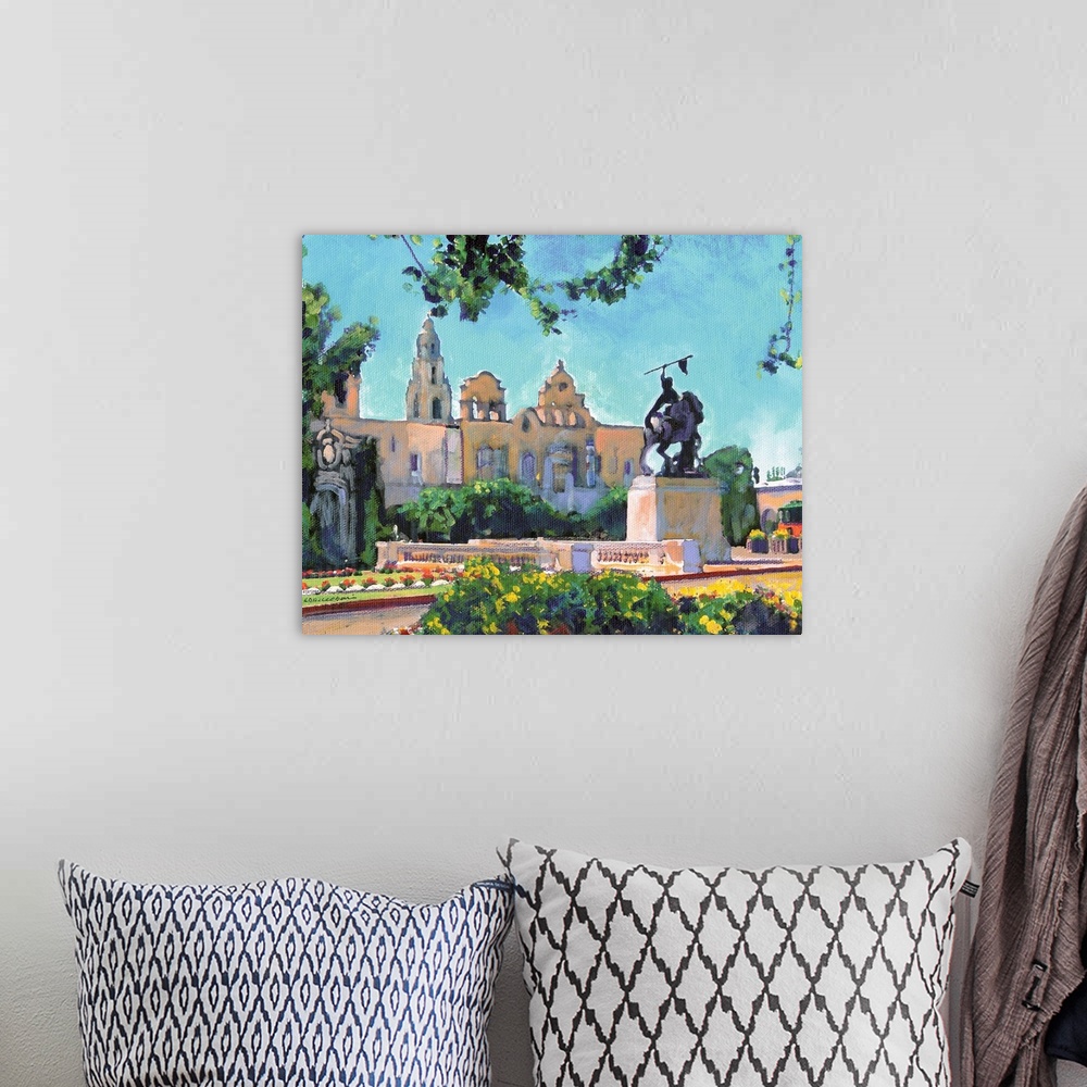 A bohemian room featuring Painting of El Cid Balboa Park in San Diego. Plaza de Panama with statue by Anna Hyatt Huntington...