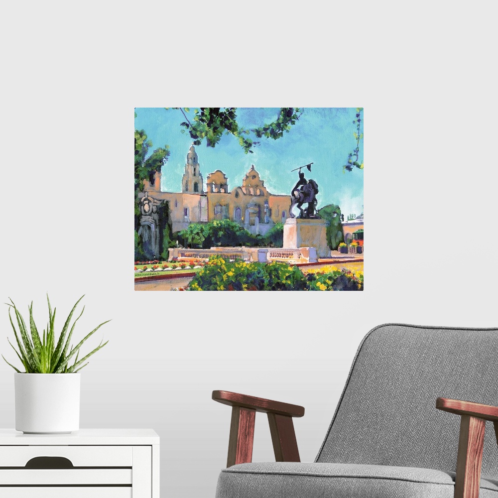 A modern room featuring Painting of El Cid Balboa Park in San Diego. Plaza de Panama with statue by Anna Hyatt Huntington...