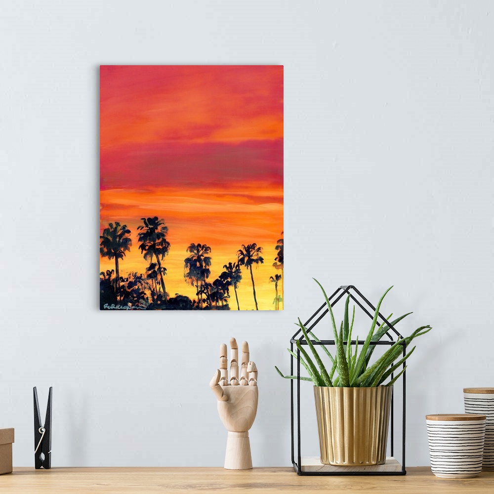 A bohemian room featuring February Sunset San Diego by RD Riccoboni.  Pink, yellow, red sky with palms a view from my art s...