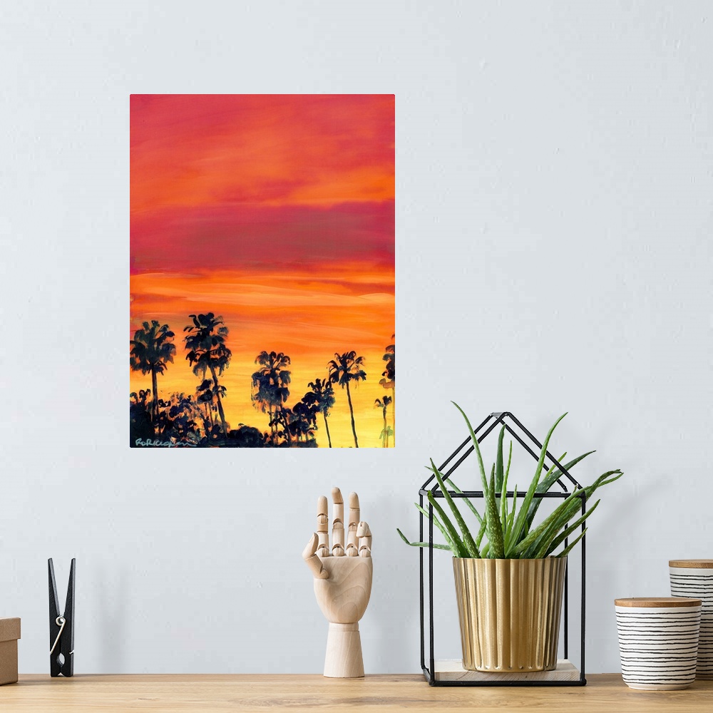 A bohemian room featuring February Sunset San Diego by RD Riccoboni.  Pink, yellow, red sky with palms a view from my art s...