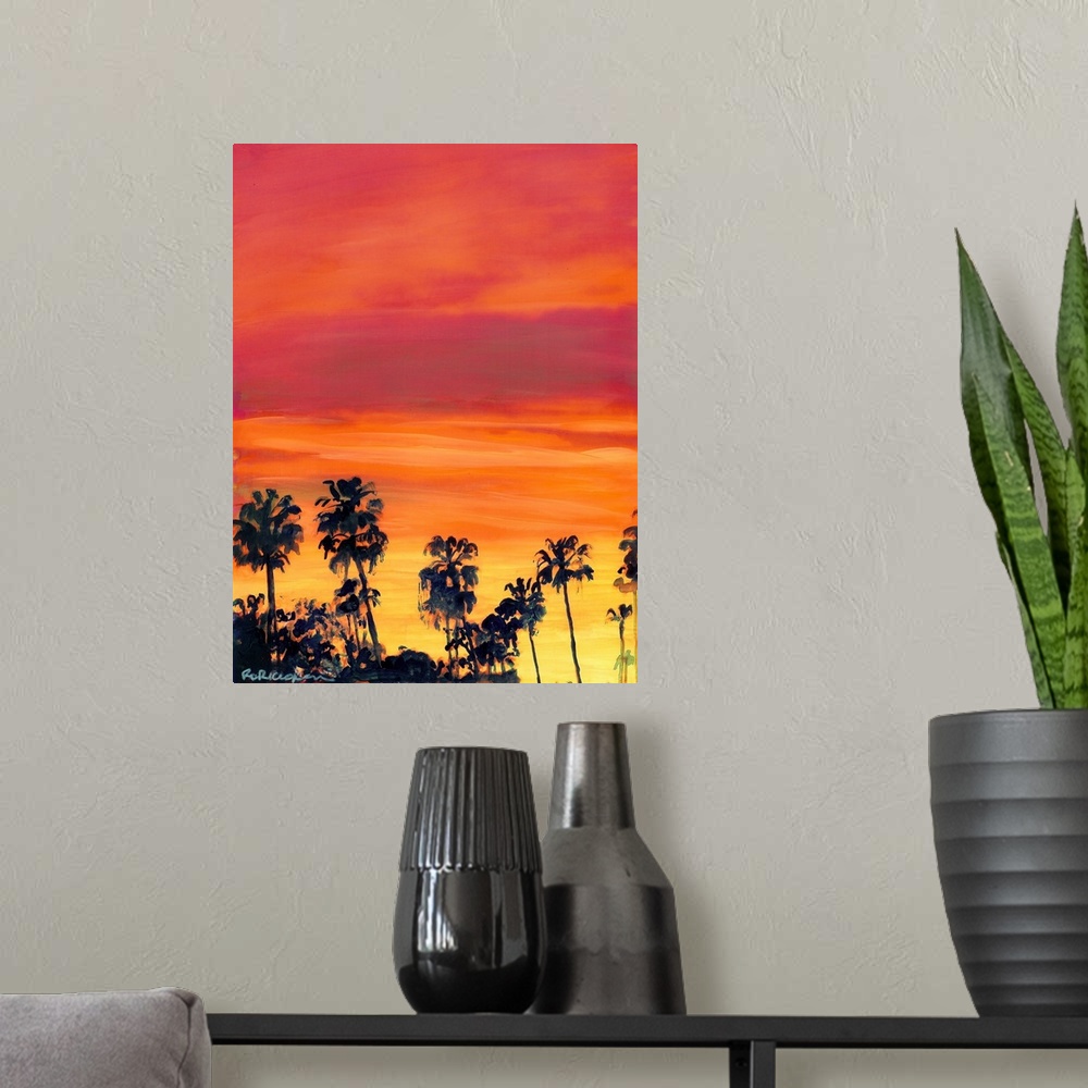 A modern room featuring February Sunset San Diego by RD Riccoboni.  Pink, yellow, red sky with palms a view from my art s...