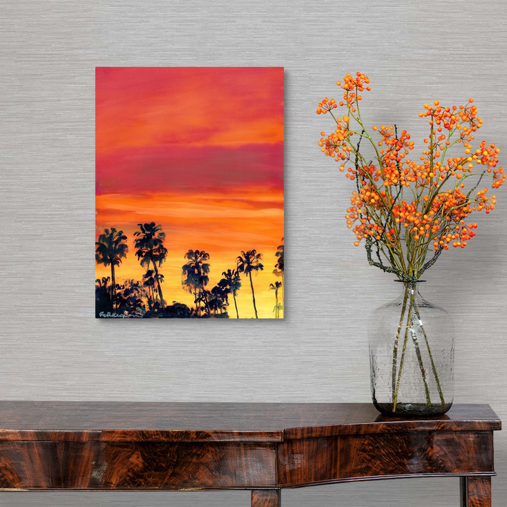 A traditional room featuring February Sunset San Diego by RD Riccoboni.  Pink, yellow, red sky with palms a view from my art s...