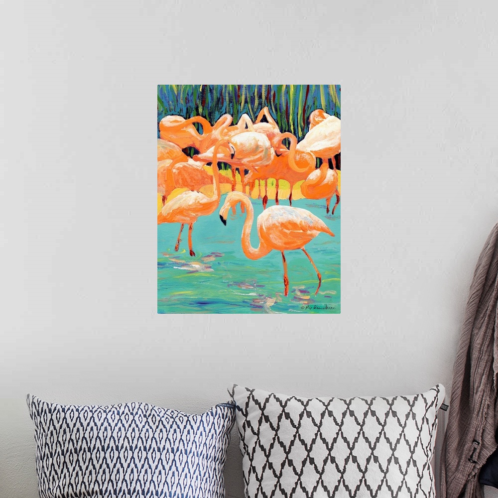A bohemian room featuring Flamingos by RD Riccoboni Acrylic on canvas bird painting 2009 San Diego CaliforniaAqua, orange, ...