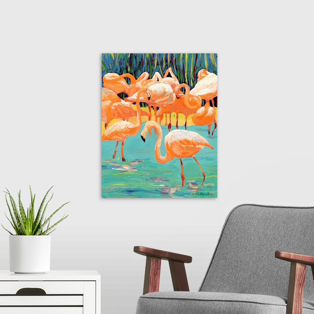 A modern room featuring Flamingos by RD Riccoboni Acrylic on canvas bird painting 2009 San Diego CaliforniaAqua, orange, ...