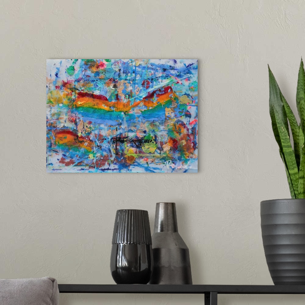 A modern room featuring LGBT Pride Parade in the rain at San Diego, California 2015.  Abstract impressionist style painti...