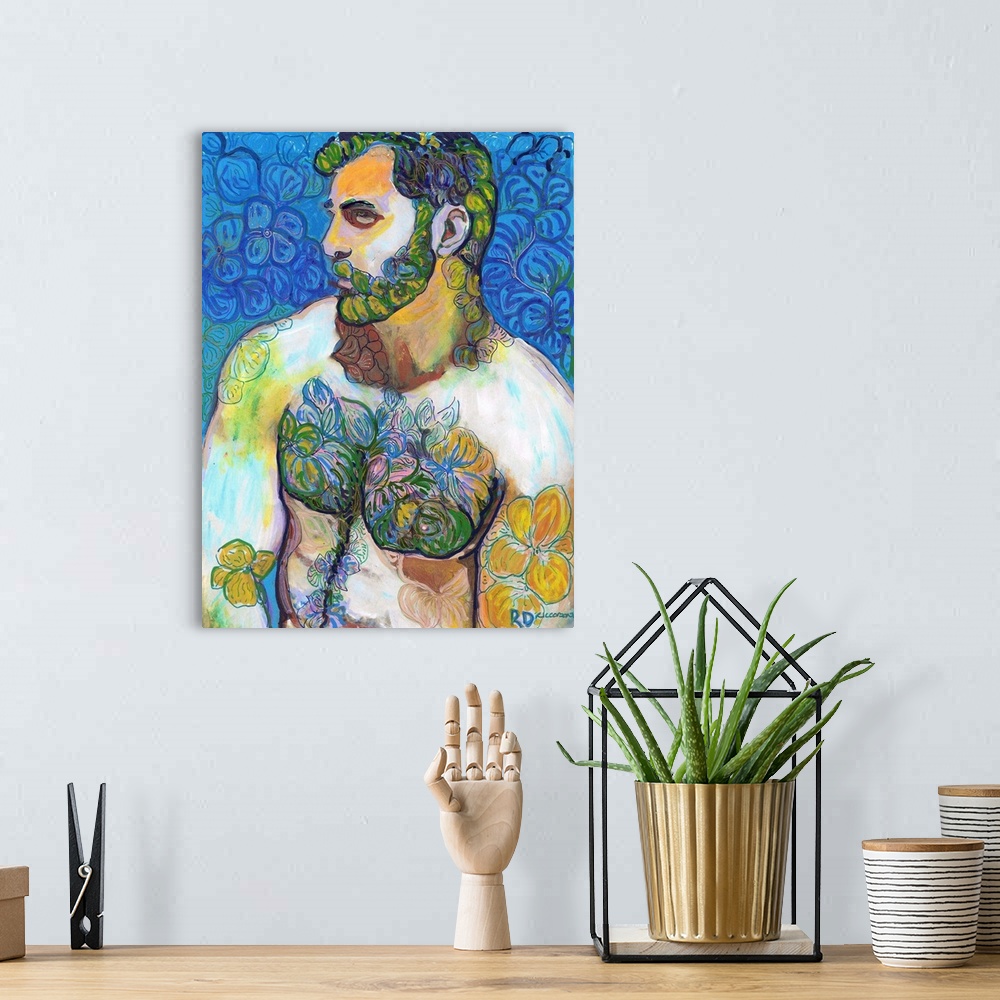 A bohemian room featuring Golden Flower Bear, by RD Riccoboni. Handsome sexy man painting with surreal Green Beard Flowers.