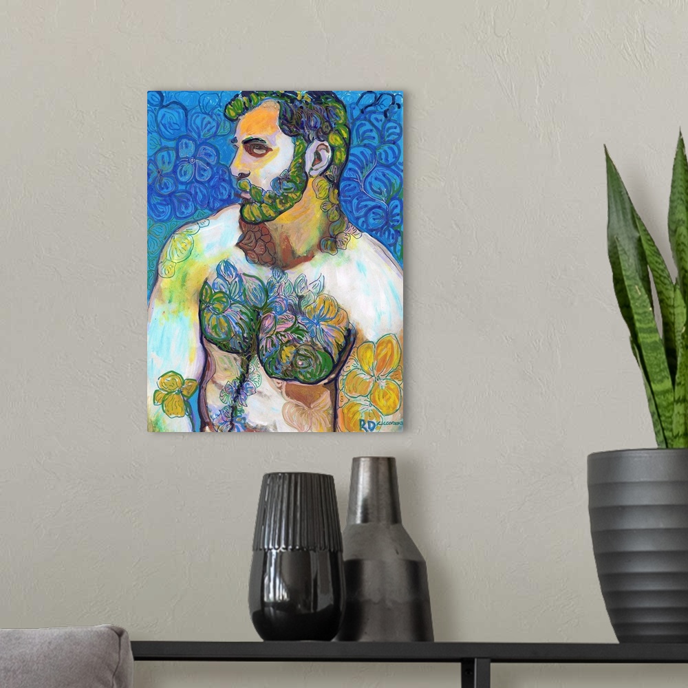 A modern room featuring Golden Flower Bear, by RD Riccoboni. Handsome sexy man painting with surreal Green Beard Flowers.