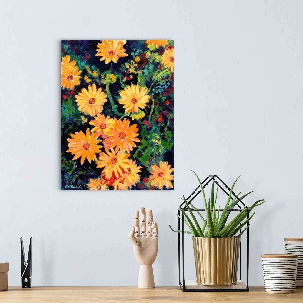 A bohemian room featuring Golden Chrysanthemums painting by RD Riccoboni. Gold yellows greens and bues highlight this flora...