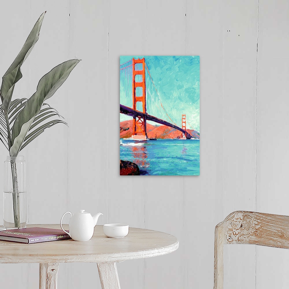 A farmhouse room featuring Painting of the Golden Gate Bridge over the San Francisco Bay.