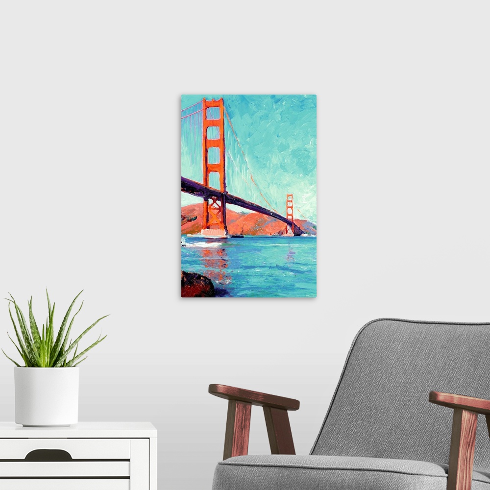 A modern room featuring Painting of the Golden Gate Bridge over the San Francisco Bay.