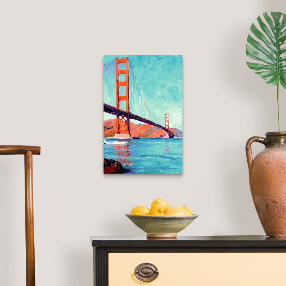 A traditional room featuring Painting of the Golden Gate Bridge over the San Francisco Bay.