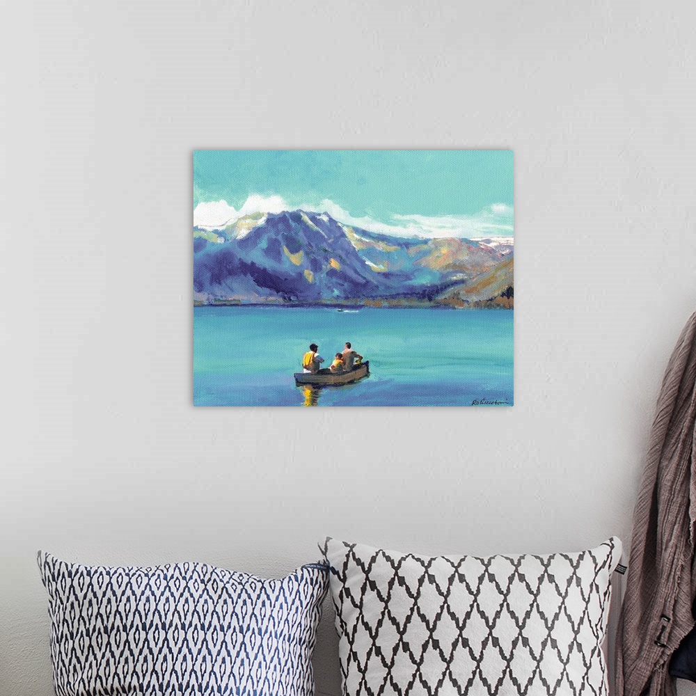 A bohemian room featuring Gone Fishing on Lake Tahoe, California, acrylic painting on canvas by RD Riccoboni.  Beautiful Bi...