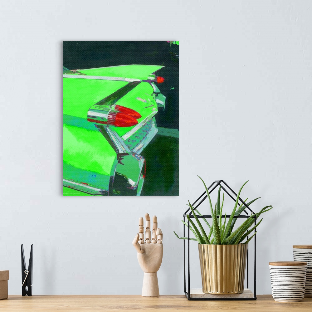 A bohemian room featuring Green Fin by RD Randy Riccoboni.  An Automotive portrait of a Cadillac in bright Green offset by ...