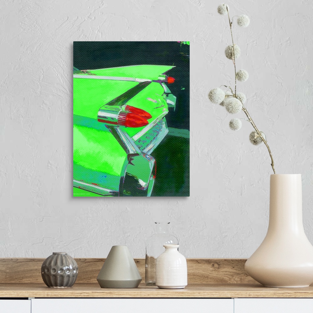 A farmhouse room featuring Green Fin by RD Randy Riccoboni.  An Automotive portrait of a Cadillac in bright Green offset by ...