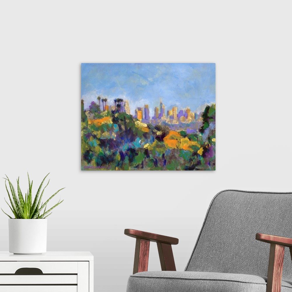 A modern room featuring Griffith Park Los Angeles, Commonwealth Trail, by RD Riccoboni. View of downtown LA from the Holl...