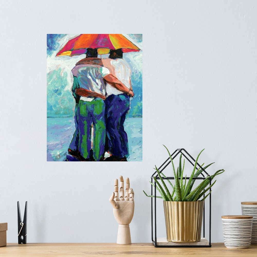 A bohemian room featuring An impressionist style painting of friends together during a sudden rainstorm with one umbrella t...